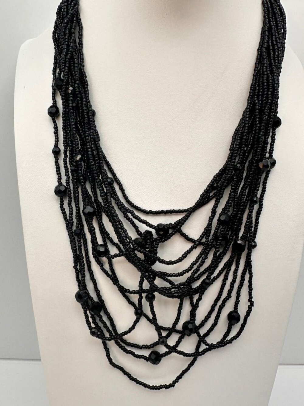 Vintage 90s Layering Black Seed & Faceted Glass Bead Cascade Necklace Jewelry